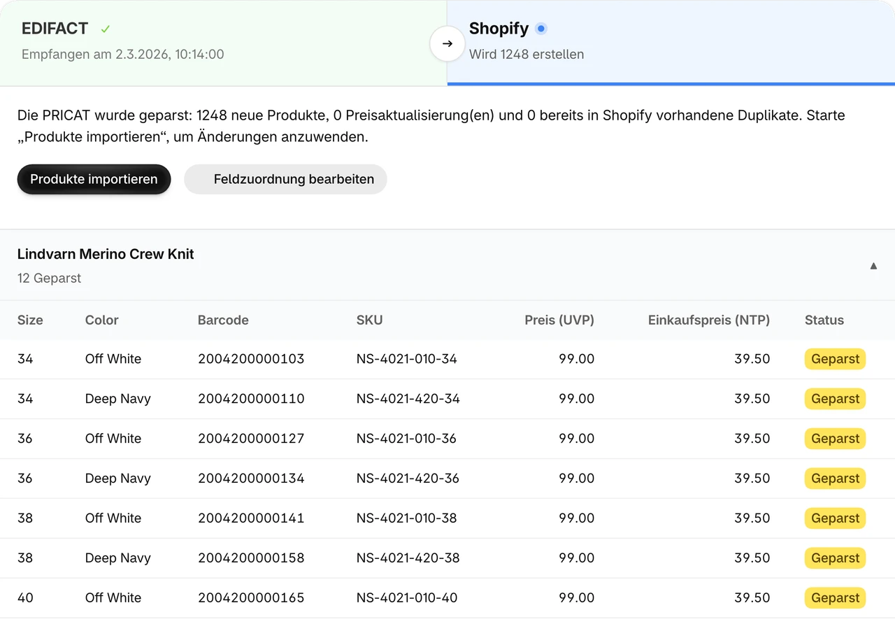 Ein PRICAT legt Produkte und Varianten in einem Import an